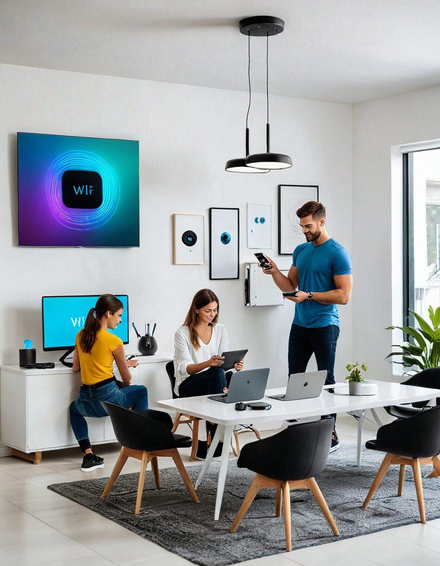 A modern home with cozy interiors, featuring a young couple setting up a sleek, futuristic WiFi router. The background should show devices like laptops, smartphones, and smart home gadgets all seamlessly connected. Include visual elements like signal waves for WiFi, padlocks for security, and a tech-savvy atmosphere. super-realistic. vibrant colors. white background.
