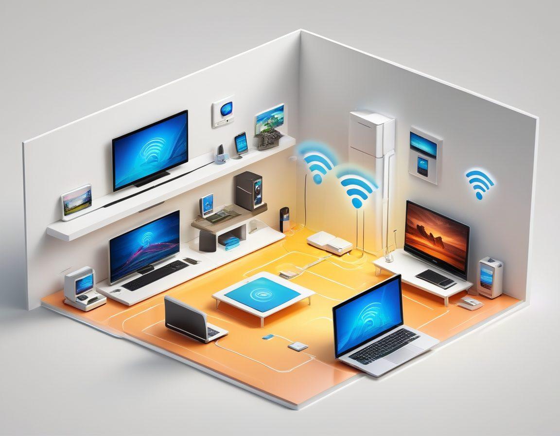 A modern home with various devices connected to a WiFi router, symbolizing seamless internet connectivity. Include devices like laptops, smartphones, smart TV, and tablets emitting WiFi signals. Bright colors and a clear visualization of WiFi bars increasing from weak to strong. super-realistic. vibrant colors. white background.