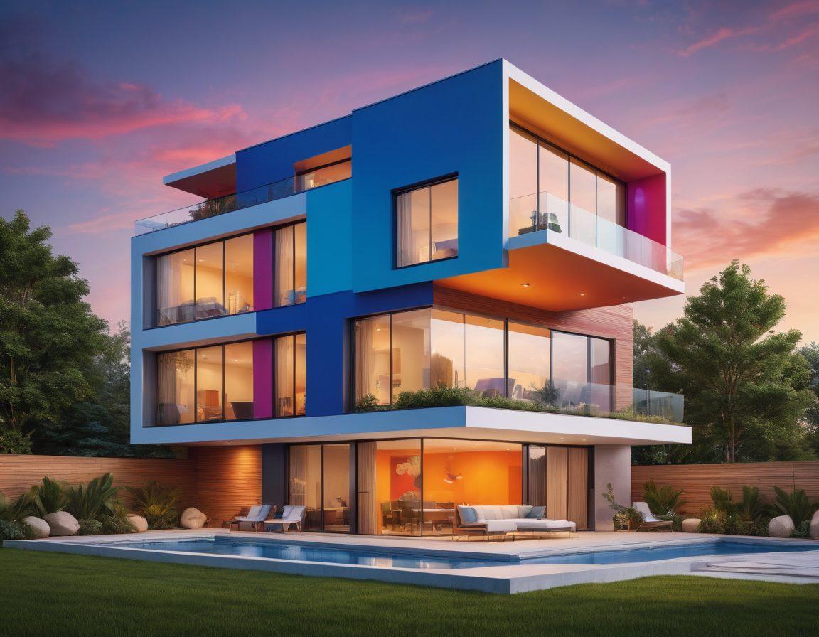 A modern home with multiple floors, showing strong WiFi signals emanating from a central router, spreading seamlessly to various rooms and areas. Include happy family members using devices effortlessly in different rooms, showcasing seamless connectivity. Add elements like WiFi extenders discreetly placed throughout the home. vibrant colors. super-realistic.